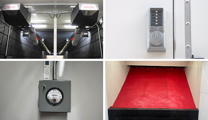 Collage of motorized target retrieval system, electronic door lock, ventilation pressure
gauge, and red rubber bullet trap