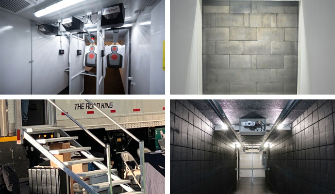 Collage of road King standard shooting lane, ballistic steel, stair, and sound attenuation