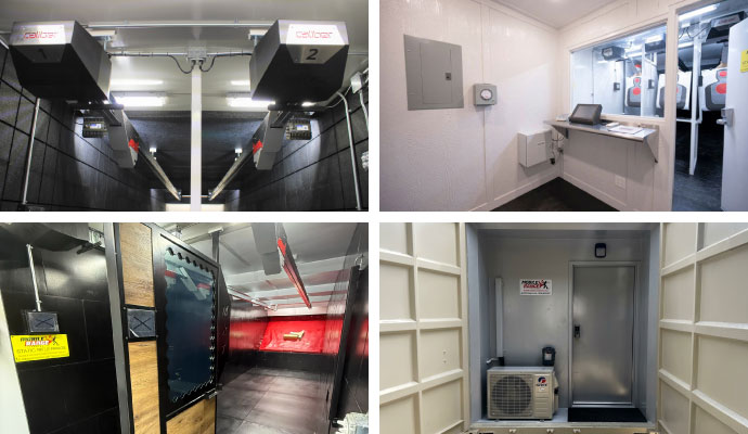 Collage of Road Runner premium upgrades target system, RSO control room, and shooting stalls