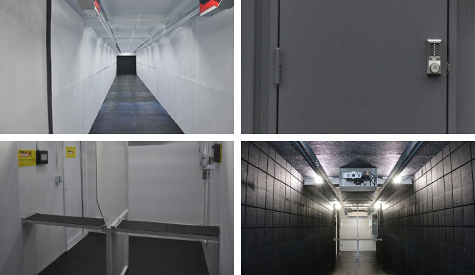 Collage of road runner standard shooting lane, electronic lock, stalls, and sound attenuation