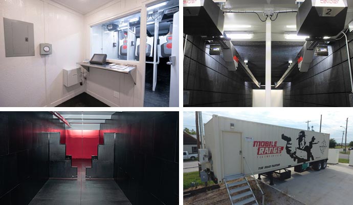 Collage of control room, firing range interior, mobile range trailer, and firing range caliber