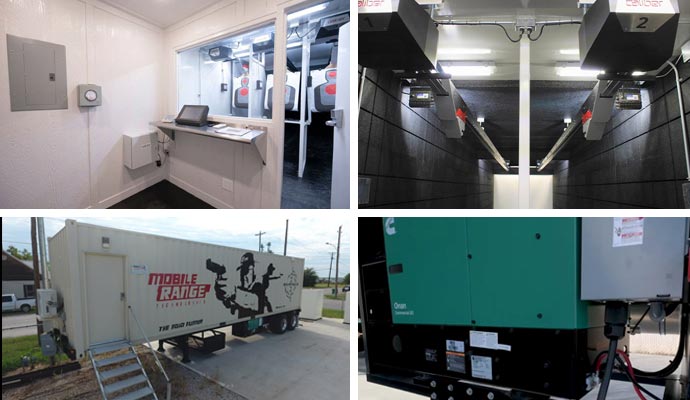 Collage of control room, shooting trailer, generator, and interior range