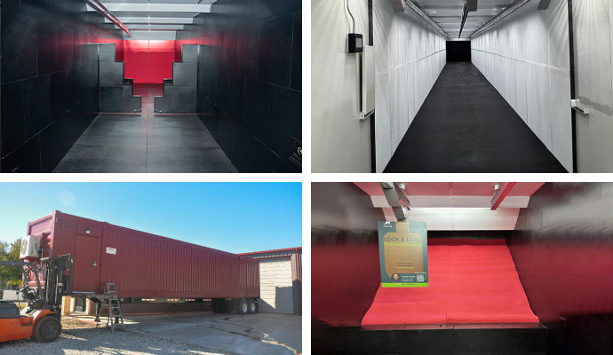 Collage showing the interior and exterior views of a red mobile shipping container shooting range unit