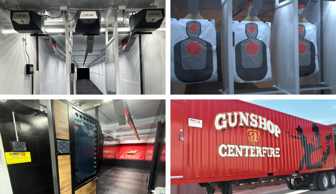 Collage of turning targets, shooting stalls, and a branded red trailer exterior