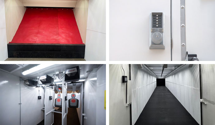 Collage of standard panelized shooting range features including bullet trap, keypad lock, shooting stalls, and acoustic walls