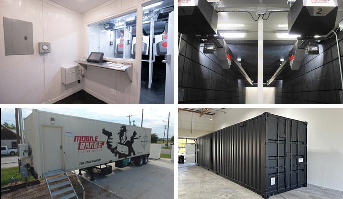 Collage of control room, mobile shooting range, firing range caliber and black shooting container