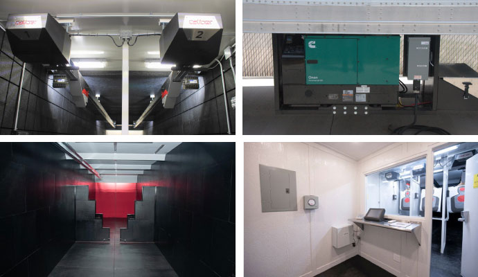 Collage of premium modular shooting range features including turning target system, generator, training barricades, and control room