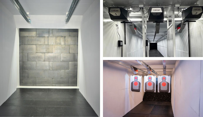 Collage of premium shooting range features including rubber wall treatment and Caliber turning target retrieval system