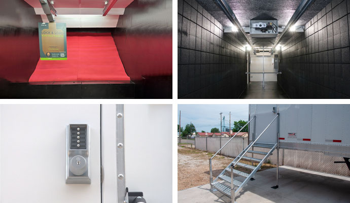 Collage of a bullet trap, rubber wall treatment, electronic door lock, and aluminum access stairs