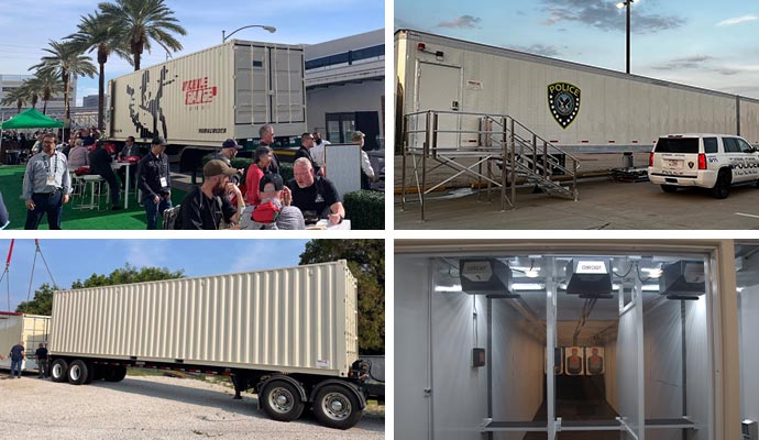 Collage of gun store owners, mobile shooting range, police and indoor shooting range