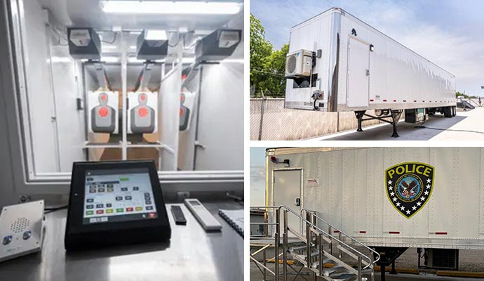 Collage of mobile range interior, a white mobile range trailer and a police brand mobile range trailer
