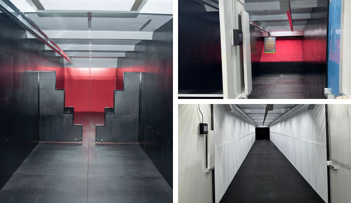 Collage of rubber wall treatments, shooting stalls, and a bullet trap