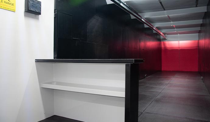 The interior of a specialized indoor firing range