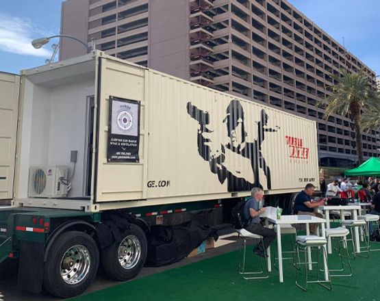 Mobile shooting range container on a vehicle