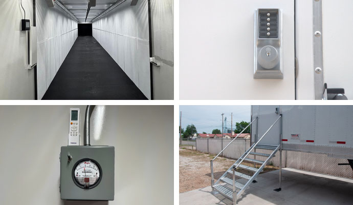 Collage of standard modular shooting range features including sound foam walls, keypad lock, Magnehelic gauge, and access stairs