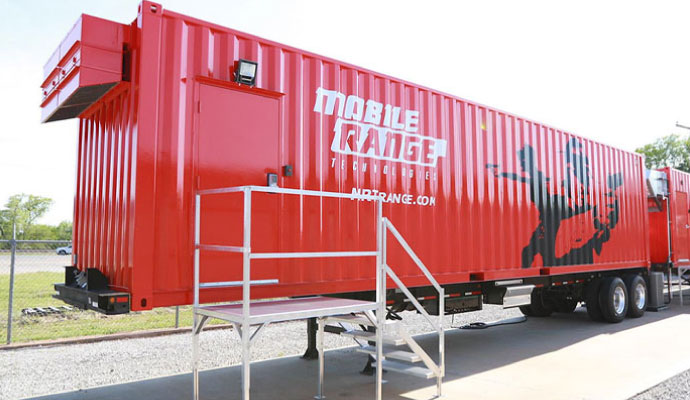 Trailer-mounted mobile shooting range container with entry stairs